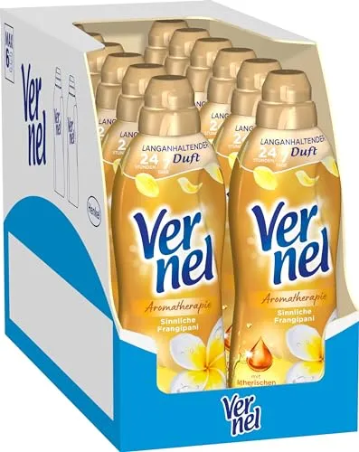 VERNEL Aromatherapie Sinnliche Frangipani Weichspüler 444WL (12x37 Waschladungen), langanhaltender Wäscheduft mit ätherischen Ölen für 24/7 Frische, recycelbare Flasche