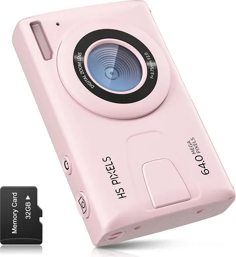 Fine Life Pro Kompaktkamera 64 MP Foto, 18x Zoom, 4K Ultra HD Video, Digitalkamera für Teenager Erwachsene Anfänger, rosa