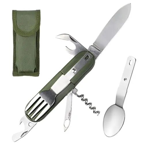 Stück Camping Besteck set 1 Person,Outdoor Ausrüstung Campingbesteck Feldbesteck Zubehör Survival,Wanderbesteck,Essbesteck Outdoor,Camping Utensils Detachable Cutlery Knife Spoon Frok-Grün Silber 1