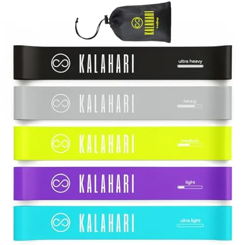 Kalahari Fitnessbänder 5er Set mit e-Book Übungen auf Deutsch und Tragebeutel – Fitnessband, Gummiband, Gymnastikband, Widerstandsbänder Fitness Loop Band für Muskelaufbau, Yoga, Pilates, Stretching
