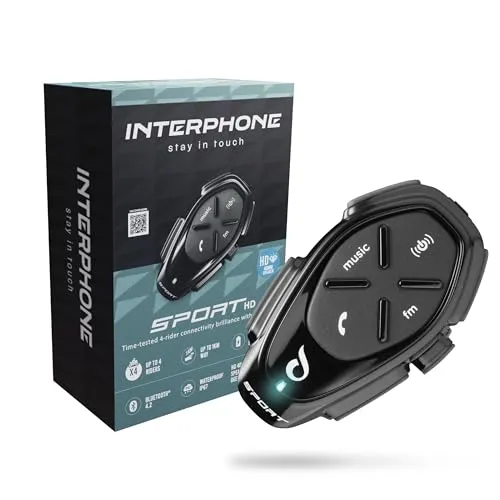 INTERPHONE Sport HD Einzelgerät – Bluetooth Headset fürs Motorrad – Motorrad Sprechanlage für 4 Personen – bis zu 1 km Reichweite – Bluetooth Freisprecheinrichtung für Motorradhelm für GPS und Anrufe