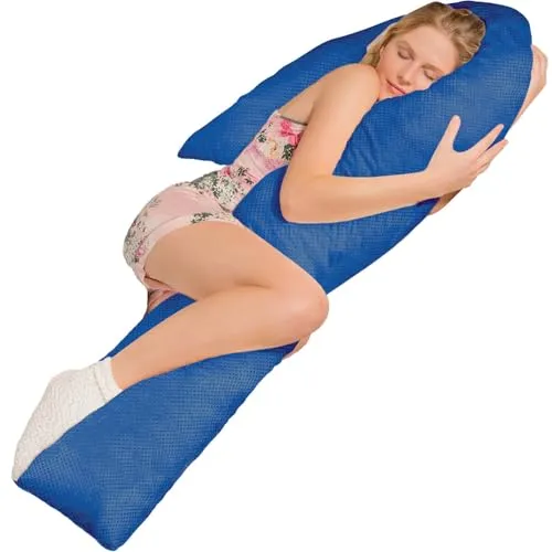 Traumreiter Seitenschläferkissen Visco J mit Bezug Marine Blau. Hybrid Kissen + 1cm Memory Foam. J Form Schwangerschaftskissen Gel Body Pillow Komfortkissen Erwachsene Ergonomie Zertifiziert
