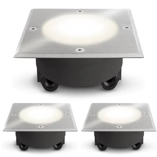 SSC-LUXon VIROK 3er Set LED Bodeneinbaustrahler eckig - 3x befahrbare LED Bodeneinbaustrahler für Terrasse und Garten mit IP67 Wasserschutz. Robuste Bauweise und blendfreies Licht für mehr Sicherheit im Außenbereich.