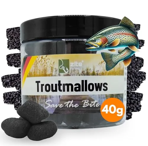 Zite Fishing Trout Mallows Forellenköder - Hochfängiger Forellenteig auftreibend - Troutmallows Starke Aromen & Leuchtende Farben, 40g Dose, Forellen Köder für Grundmontage (Pellet schwarz)
