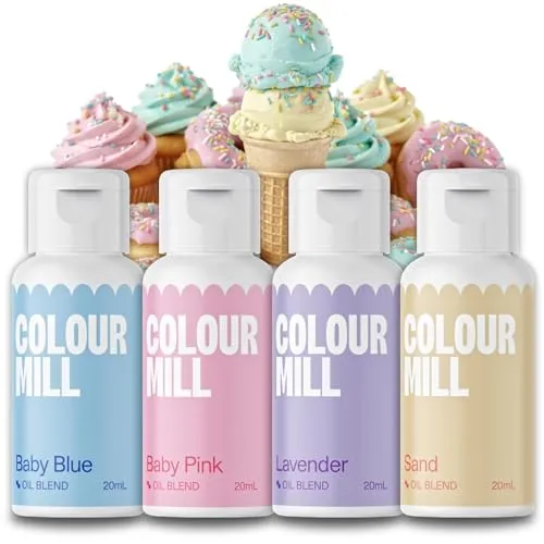 AOS Set | Colour Mill Lebensmittelfarben Set Pastell 4x 20ml | Baby Blue, Baby Pink, Lavender, Sand | Für Fondant, Torten, Muffins, Cupcakes, Backen | Fettlöslich Ölbasiert Flüssig UV-beständig