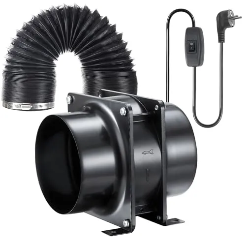 Moonjor 100mm Axial Rohrventilator - Belüftungsgerät mit 119m³/h Luftstrom, ideal für Garagen und Growzelte. Wasserdicht und leise mit nur ?40dB, inklusive 2m Kanalschlauch für vielseitige Anwendungen.