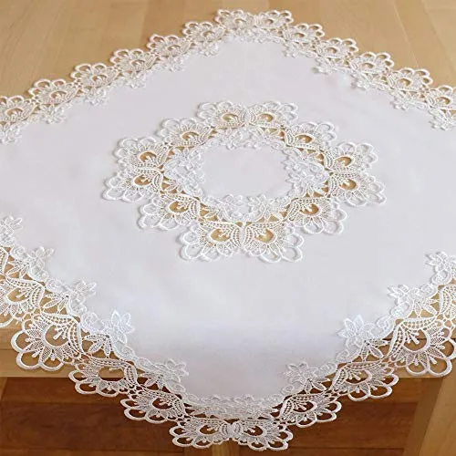 matches21 HOME & HOBBY Tischdecke INES 85 x 85 cm edle Spitzenbordüre Mitteldecke wollweiß Vintage Tischdeko Polyester