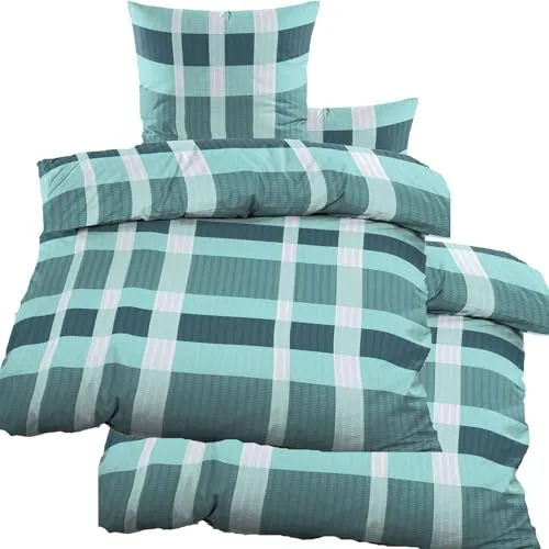 KH-Haushaltshandel 4-TLG. Seersucker Bettwäsche 2X (135x200 +80x80cm), grün weiß, kariert, bügelfrei (60385)