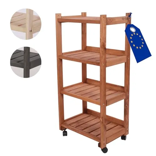 MODO24 Gemüseregal, 4-stöckiges Holzregal mit Rollen, Rustikal, Regal für Kisten, Obst und mehr, Abmessungen 102x48x34cm, Braun