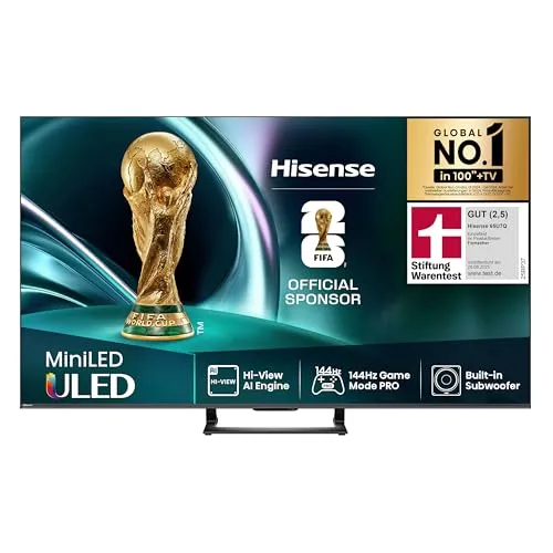 Hisense 65U7Q 65 Zoll Fernseher - 4K Mini LED ULED Smart TV mit Hi-View AI Engine, 144Hz Game Mode Pro und integriertem Subwoofer für ein unvergleichliches Seherlebnis und beeindruckenden Sound.
