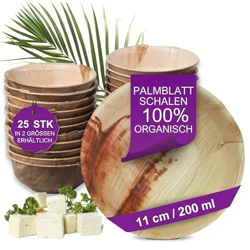 Waipur Bio Palmblatt Schalen - 25 Schälchen Ø 11 cm / 200 ml - Premium Einweg Geschirr kompostierbar - Dessertschalen ähnl. Bambus-Schalen