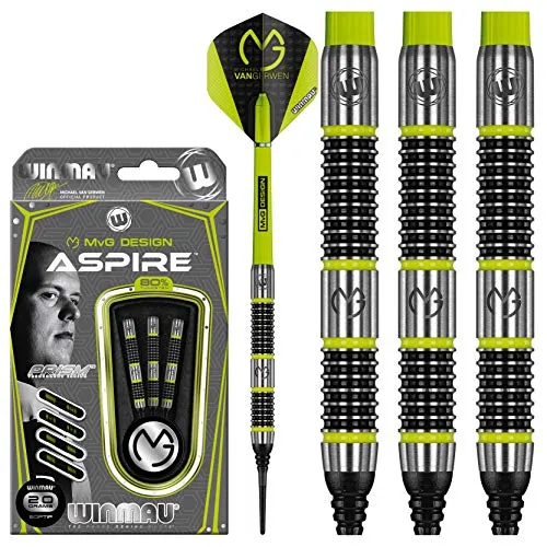 WINMAU Michael Van Gerwen MvG Aspire 20g Profi Wolfram Softip Dartpfeile Set - Steel-Dartpfeile Set mit 80% Wolfram, ideal für präzises Werfen. Das MvG Design und die hochwertigen Komponenten garantieren optimale Leistung und Stabilität.