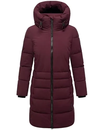 Navahoo Damen Langer Wintermantel warmer Steppmantel mit hohem Kragen und zur Hälfte kuscheligem Fleece-Innenfutter Mondnebel XIV Wine Gr. 3XL