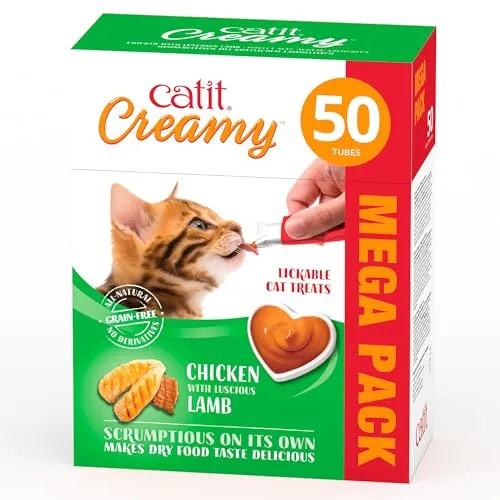 Catit Creamy flüssigkeitsspendende Leckpaste für Katzen mit Huhn und Lamm, 50 x 10g