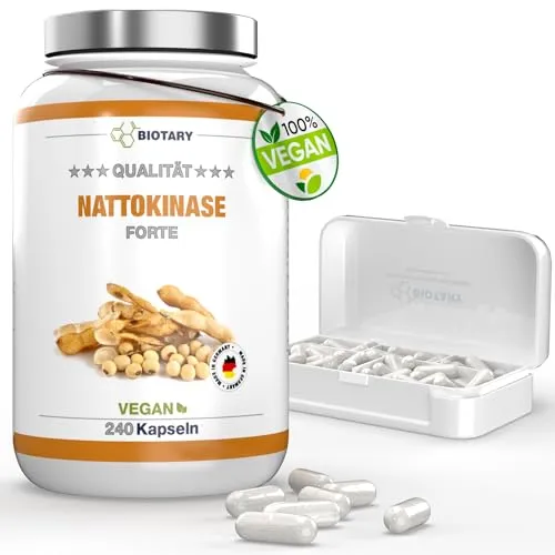 Nattokinase 240 Kapseln je 100 mg (20.000 FU/g) - 8 Monatsvorrat – inclusive Pillenbox - hochdosiert - Laborgeprüft und Vegan - Aus GMO-freien Soja - Ohne unerwünschte Zusätze