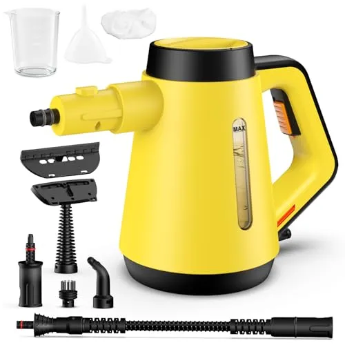 Fippesax Handdampfreiniger, 400 ml Druck-Mehrzweckdampfreiniger mit 9-teiligem Zubehör, chemikalienfreier Dampfreiniger für den Heimgebrauch, Reinigung von Böden, Fliesen, Fenstern, Sofas (Gelb)
