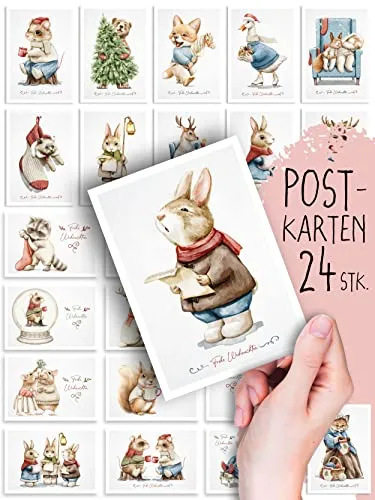 Weihnachtskarten 24 Stück Postkarten, Tierisch schön, Boho Deko, Design, Illustration, niedlich süße Weihnachtspostkarten, Weihnachten, Xmas, Set, Mix, Geschenk, Grußkarten, Geschenkkarten