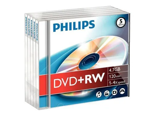 Philips DW 4 S 4 J 05 F 10 DVD+RW Rohlinge - 5er-Pack, 4,7 GB Wiederbeschreibbar, ideal für Videos bis 120 Minuten