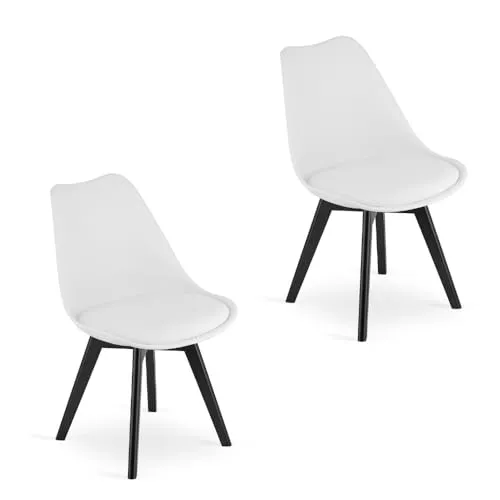 Home Collective 2er Set Esszimmerstuhl Stuhl Wohnzimmerstuhl 2X Weiss mit Vollholzbeinen in schwarz, bequemer & Stabiler Schalenstuhl