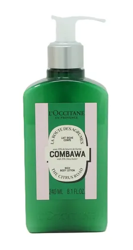 L'Occitane Combawa Rich Body Lotion 240 ml - Ganzkörperpflege mit 15 % Sheabutter, spendet intensive Feuchtigkeit und verleiht der Haut Elastizität. Der exotische Duft von Kaffernlimette und Kokosnusswasser macht die Anwendung zum sinnlichen Erlebnis.