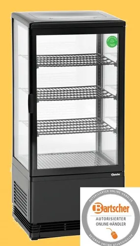Bartscher Mini-Kühlvitrine 78L, schwarz 700277G - Kühlschränke: Präsentieren Sie gekühlte Produkte stilvoll mit der 78L Mini-Kühlvitrine, höhenverstellbaren Ablagen und optimaler Temperaturkontrolle von 2 °C bis 12 °C.