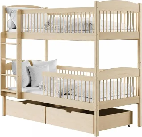 Hochbett Kinder aus massivem Kiefernholz mit 2 Schubladen - Das funktionale Hochbett aus massivem Kiefernholz bietet sicheren Schlafkomfort und zusätzlichen Stauraum durch zwei große Schubladen. Ideal für flexible Raumgestaltung im Kinderzimmer.