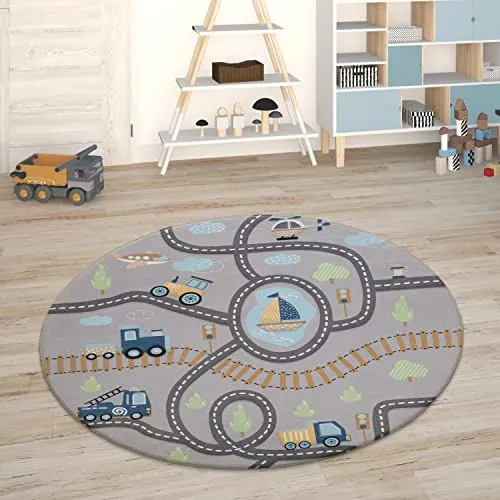 Paco Home Kinderteppich Teppich Kinderzimmer Spielmatte Straßenteppich Spielteppich, Grösse:150 cm Rund, Farbe:Grau 2