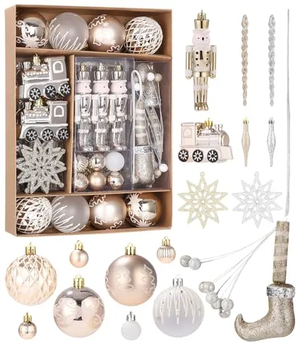 SOBEAU Weihnachtskugeln, 50 Stück Christbaumkugeln Weihnachtskugel mit Geschenkpaket, Christbaumkugeln Kunststoff mit Aufhängen,Weißgold Baumschmuck Weihnachtsbaum Deko