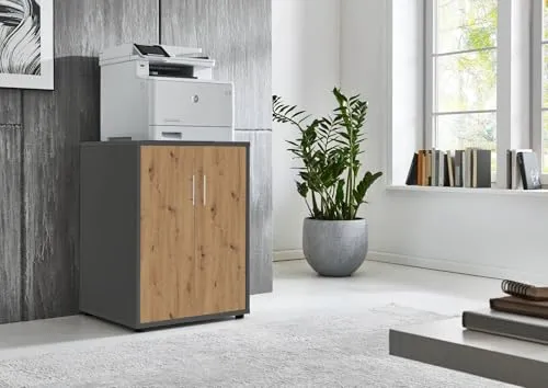 BMG Möbel Druckerschrank Bürokommode 74 cm hoch mit 2 Türen, 3 Einlegeböden, optimal als Erweiterung für Schreibtische wählbar in 18 verschiedenen Farbkombinationen (Anthrazit/Artisan Eiche)