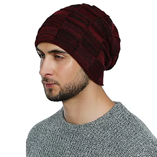 DonDon Mütze Herren Wintermütze Slouch Beanie Strickmütze mit warmen Fleece Innenfutter dunkelrot schwarz