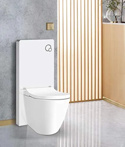 Weißglas Sanitärmodul für Stand-WC - Modernes Aufputz-Vorwandelement aus 8 mm dickem Sicherheitsglas, mit schwitzwasserisoliertem Spülkasten und 2-Mengen Spülung für effiziente Wassernutzung.