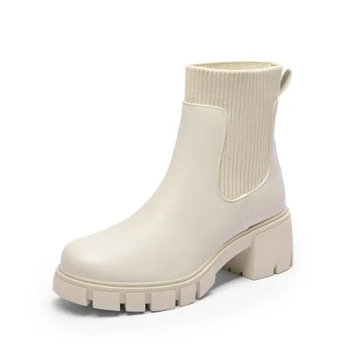 DREAM PAIRS Damen Chelsea Stiefel - Beige Ankle Booties mit Strasssteinen - Wanderschuhe mit praktischem elastischen Einstieg, funkelndem Strassriemen und Anti-Rutsch-Laufsohle für sicheren Halt. Perfekt für stilvolle Anlässe!