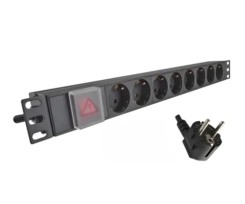 DINIC 8-Fach 19 Zoll Steckdosenleiste – Aluminiumgehäuse, Schwarz, mit Schalter & Abdeckung, 1,80 m Kabel, 90° gewinkelter Stecker, GS geprüft