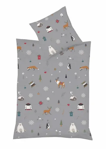 fleuresse Mako-Satin Bettwäsche 155x220 Fuchs Hirsch Winter in grau von fleuresse