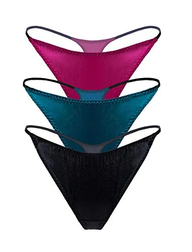 SilRiver Damen Seidensatin Sexy Spitzen Unterwäsche Tanga Höschen G-String & T-Back, Schwarz-rose Violet - Türkisches Blau, M