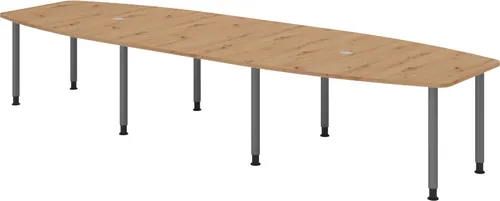 bümö Konferenztisch oval 400x130 cm - Besprechungstisch für bis zu 14 Personen, mit stabiler 2,5 cm starker Tischplatte und modernen Kabeldosen – ideal für professionelle Meetings.