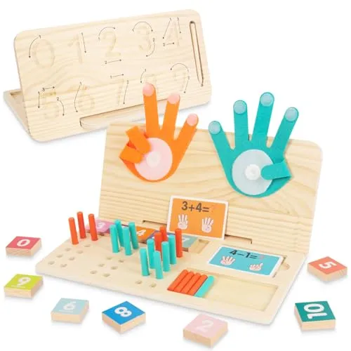 WOODENFUN Montessori Spielzeug Holz Mathe-Zählspielzeug für Kinder Zählen Lernen 3 in 1 Palm Computing Bildungstafel für 3-6 Jahre Kinder