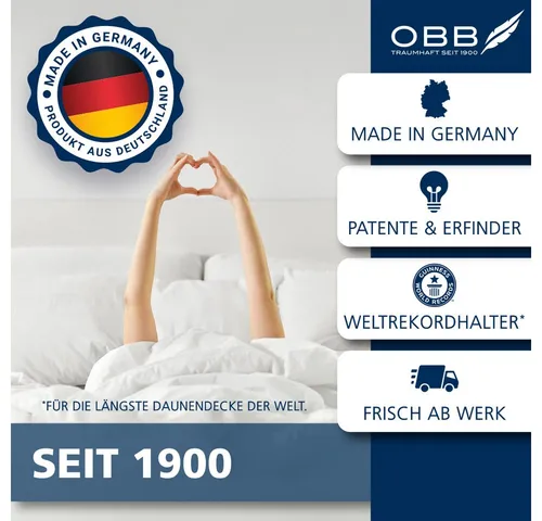 OBB Daunenbettdecke Emilias - Ganzjahresdecke für Komfort - Bettdecken aus 90% Daunen, 10% Federn, mit Milbenbarriere, ideal für Allergiker. Pflegeleicht bei 60°C, Made in Germany, erhältlich in 135x200 cm und 155x220 cm.