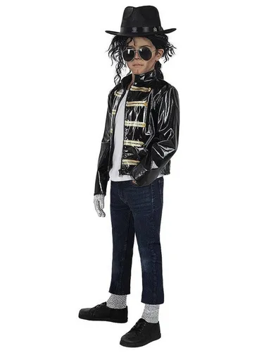Metamorph Kostüm Michael Jackson – Kinderjacke Militärgarde - Kostümjacke im glänzenden Schwarz, inspiriert von der King of Pop-Uniform, mit goldenen Tressen und funktionierendem Reißverschluss, ideal für Fasching oder Mottopartys.