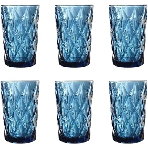 Vintage 6er-Set Farbige Weingläser und Trinkgläser mit Diamant Muster (Rombus) Longdrinkgläser, Cocktail Gläser mit Prägung, Glas, Trinkglas, Weinglas, Wasserglas, Glaskelche (Blau Trinkglas)