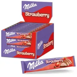 Milka Strawberry Schokoriegel - 36 Riegel mit Erdbeermilchcreme - Schokoladenbonbons & Pralinen, cremiger Erdbeergeschmack in jedem Riegel für ein unwiderstehliches Geschmackserlebnis.