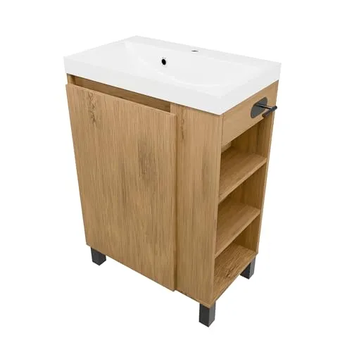 paplinskimoebel - Waschbecken mit Unterschrank SEVA, 57 cm Breite, Waschtisch Stehend oder Hängend, Badmöbel Set für Badezimmer, Waschbeckenunterschrank mit Toilettenpapierhalter - Eiche Lancelot