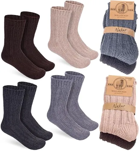 BRUBAKER 4 Paar Kinder Wollsocken - Warme Wintersocken für Jungen und Mädchen - Flauschiges Socken Set mit Schafwolle - Winter Kindersocken - Grau, Braun, Beige und Anthrazit - Größe 19-22