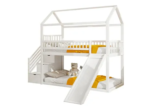 autolock Kinderbett Kinderetagenbett 90*200 cm,Hochbett mit Rutsche und Stauraumleiter, Hausbett,hohe Zaunkonstruktion,Massivholzbettrahmen, Lattenrost