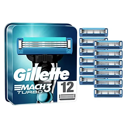 Gillette Mach3 Turbo Rasierklingen, Ersatzklingen für Nassrasierer Herren mit 3-fach Klinge, 12 Stück