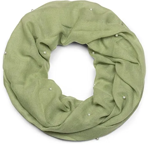 styleBREAKER Damen Loop Schal mit Perlen Applikation, Unifarben, Leichter Schlauchschal Einfarbig, Tuch 01016168, Farbe:Oliv