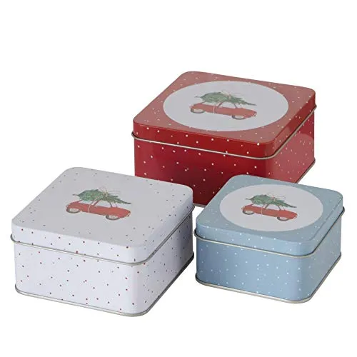 CasaJame 3er Set Metall Keksdose Plätzchendose eckig rot weiß hellblau Auto mit Weihnachtsbaum sortiert 9-12cm