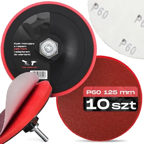 10x Schleifscheiben 125 mm P60 Rund Schleifpapier Schleifpads Schleifblätter Klett Winkelschleifer Scheibe Set + Bohrmaschine Polierteller Schleifteller Adapter M14