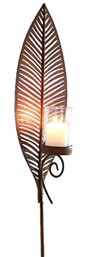 Dio dekorativer ausgefallener Gartenstecker Motiv Blatt mit Windlichtglas Metall edelrostig