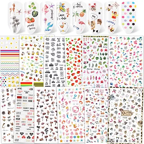 Qpout 1200+ Designs Verschiedene Nagelaufkleber Abziehbilder, Blume Tier Frucht Meerjungfrau 3D Nail Art Aufkleber Selbstklebende Nagelspitzen Maniküre Dekorationen für Frauen Mädchen Kinder